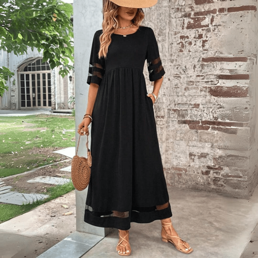 Tummy-smoothing midi dress featuring an empire waist and flowing skirt, designed for women with long sleeves in a classic white color. 0